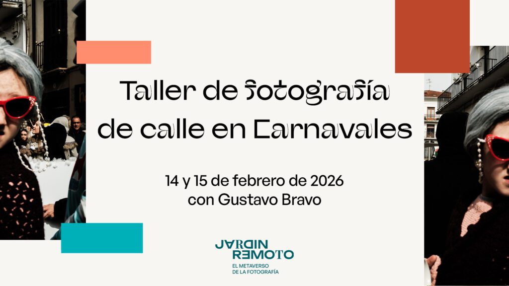 Cartel oficial del Taller de fotografía de calle en Carnavales con Gustavo Bravo. Fechas: 14 y 15 de febrero de 2026 en Vitoria. Diseño gráfico con fotografía de carnaval y gafas rojas.