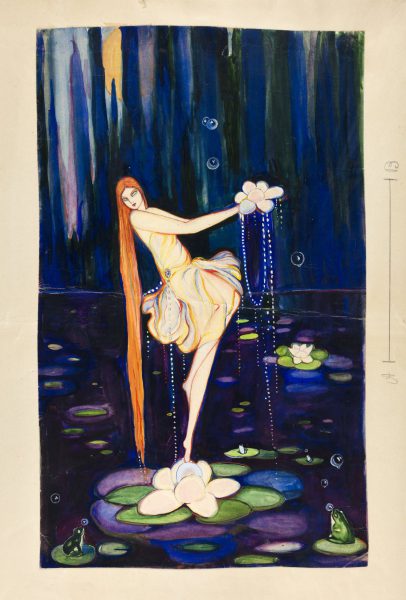 Rosario de Velasco Las blancas hojas de un nenúfar se entreabieron, dibujo para el libro 'Cuentos para soñar', de María Teresa León, 1927 Acuarela sobre papel. Colección González Rodríguez. © Rosario de Velasco, VEGAP, Madrid, 2024. Foto: © Jonás Bel.