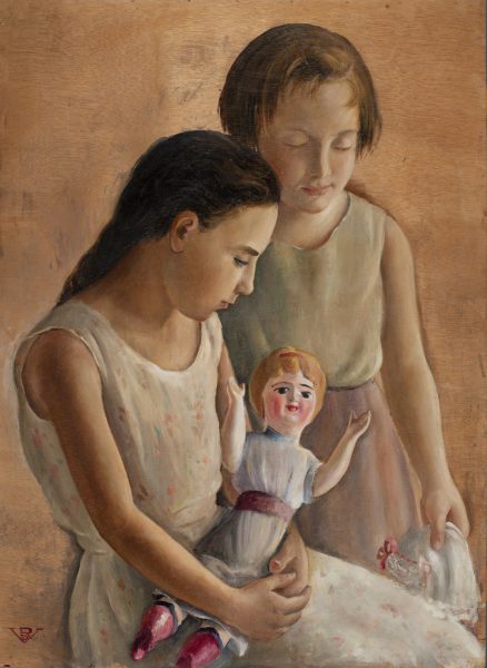 Rosario de Velasco Niñas con muñeca, 1937 Óleo sobre táblex. 93 x 72 cm. Colección privada. © Rosario de Velasco, VEGAP, Madrid, 2024