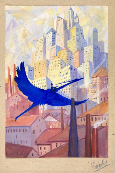 Rosario de Velasco El pájaro azul, dibujo para la cubierta del libro 'Cuentos para soñar', de María Teresa León, 1927. Técnica mixta sobre papel, 41 x 27,5 cm. Colección González Rodríguez. © Rosario de Velasco, VEGAP, Madrid, 2024. Foto: © Jonás Bel