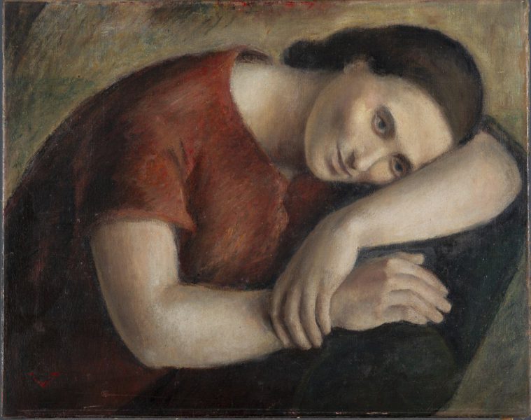 Rosario de Velasco Pensativa, 1935 Óleo sobre lienzo. 57,5 x 72 cm. Colección Emilia Casal Piga y Guillermo González Hernández. © Rosario de Velasco, VEGAP, Madrid, 2024
